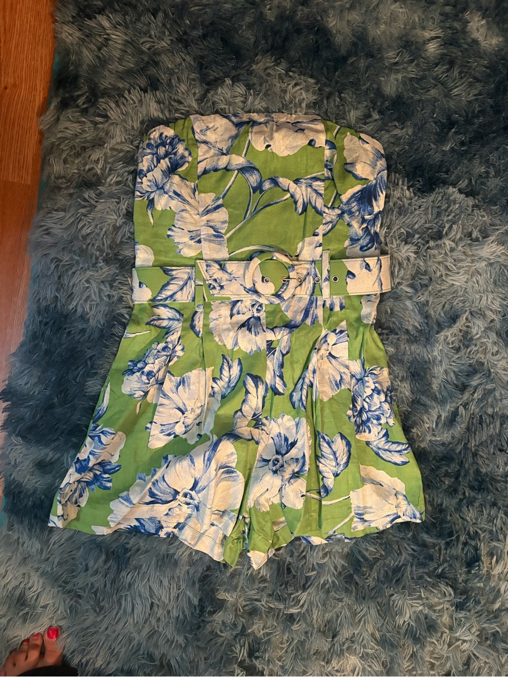 Womens Strapless Green Floral Romper with Belt